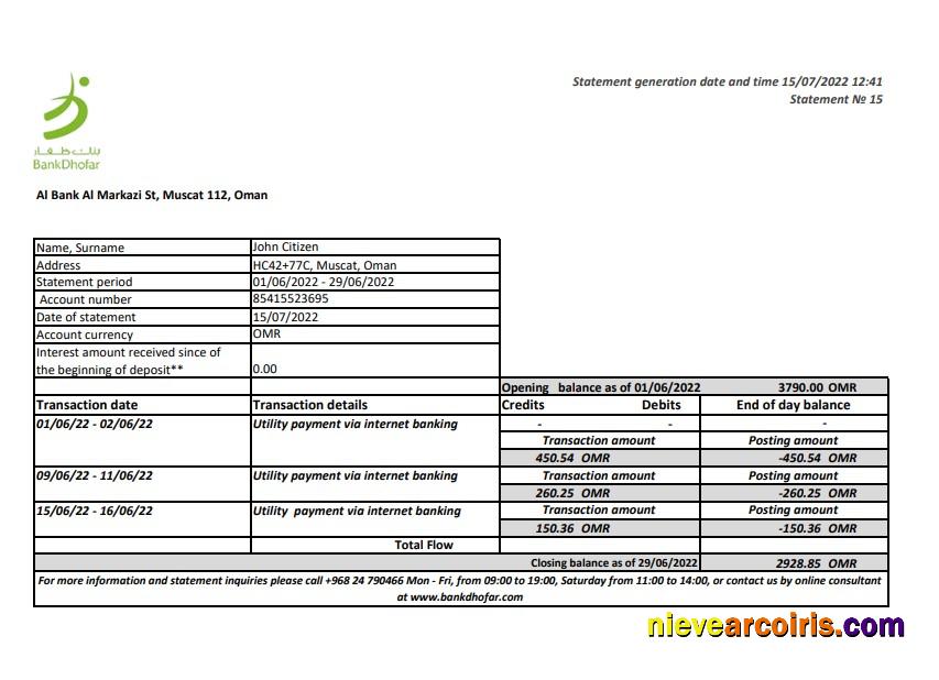 Oman Bank Dhofar bank statement